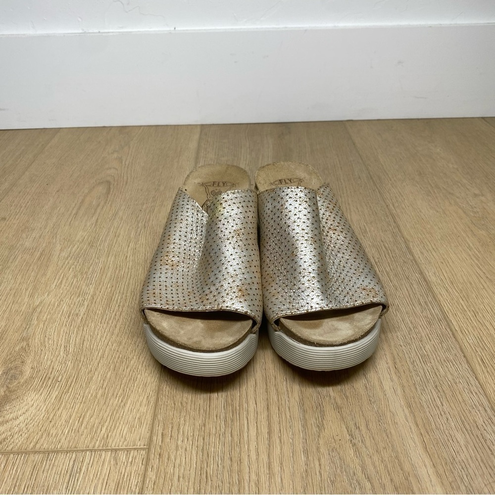 Fly London Whin Metallic Perforated Leather Wedge Sandals - Picture 3 of 7